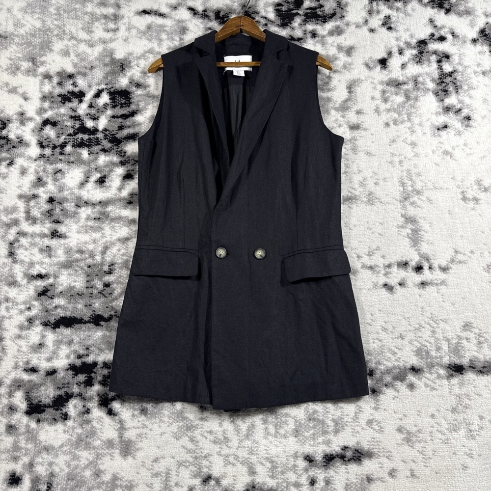 Halston Vest Womens Small‎ Black Button Pockets Linen Blend Collared